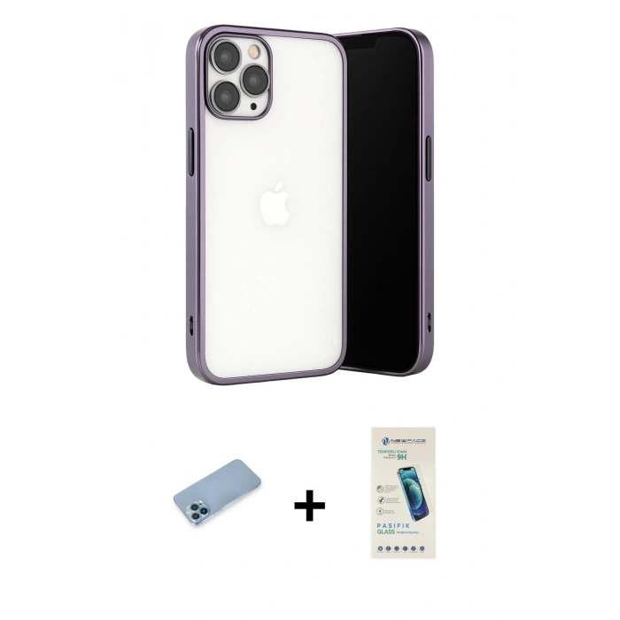 MARSİLYAN™- iPhone 13 Pro Max Kılıf Vadi Minimal - Şeffaf Pasifik Cam Ekran Koruyucu + Shine Kamera Lens Koruma Cam - MI