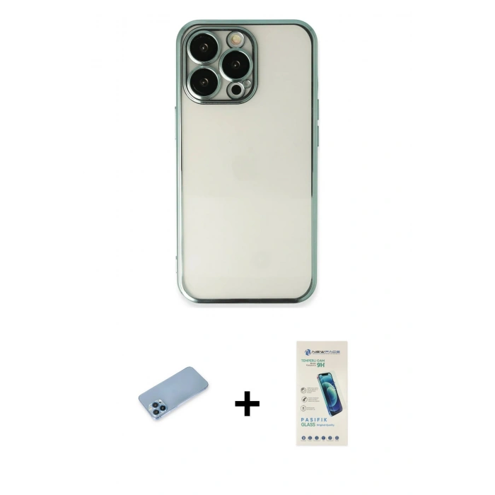 MARSİLYAN™- iPhone 13 Pro Max Kılıf Vadi Minimal - Şeffaf Pasifik Cam Ekran Koruyucu + Shine Kamera Lens Koruma Cam - MI