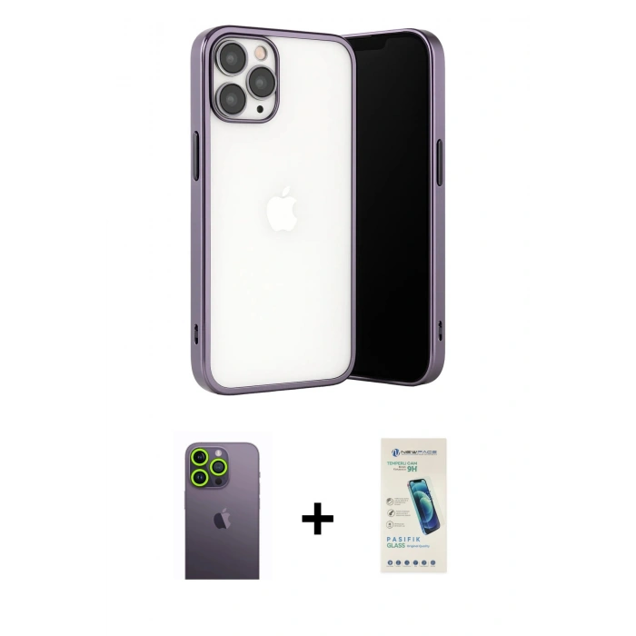 MARSİLYAN™- iPhone 13 Pro Max Kılıf Vadi Minimal - Şeffaf Pasifik Cam Ekran Koruyucu + Yeşil Neon Fosforlu Kamera Lens
