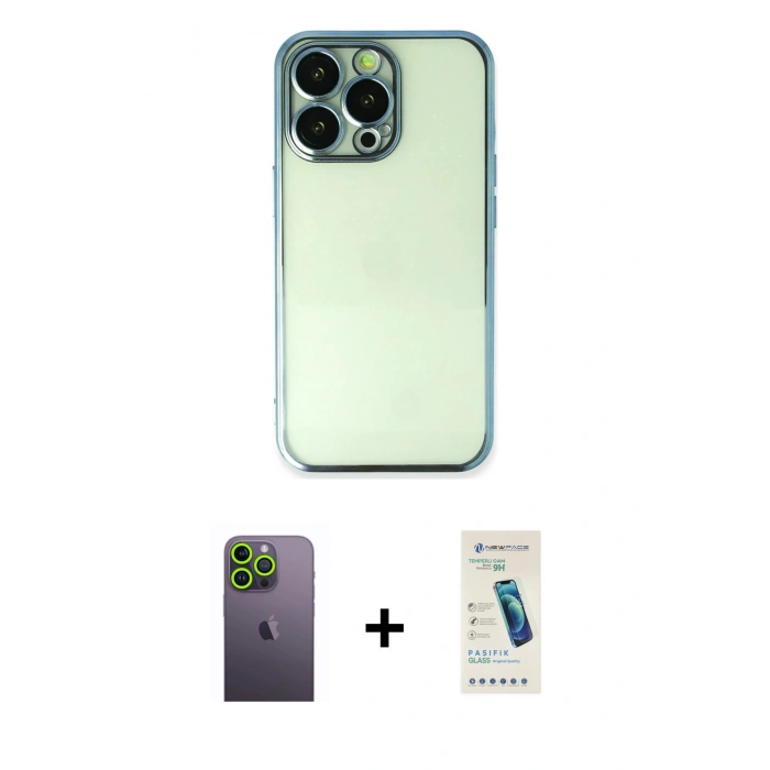 MARSİLYAN™- iPhone 13 Pro Max Kılıf Vadi Minimal - Şeffaf Pasifik Cam Ekran Koruyucu + Yeşil Neon Fosforlu Kamera Lens
