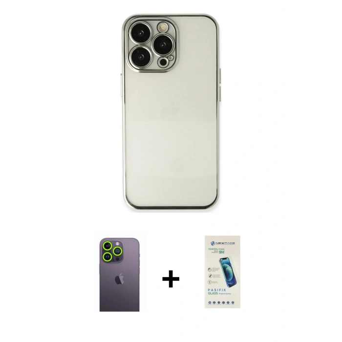 MARSİLYAN™- iPhone 13 Pro Max Kılıf Vadi Minimal - Şeffaf Pasifik Cam Ekran Koruyucu + Yeşil Neon Fosforlu Kamera Lens