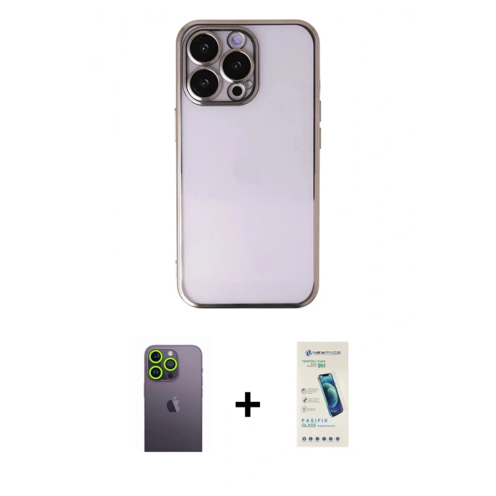 MARSİLYAN™- iPhone 13 Pro Max Kılıf Vadi Minimal - Şeffaf Pasifik Cam Ekran Koruyucu + Yeşil Neon Fosforlu Kamera Lens