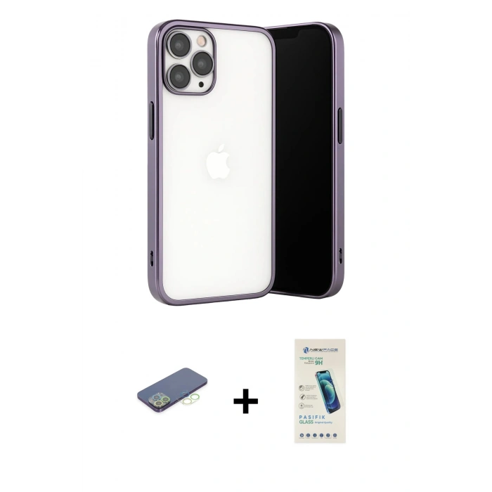 MARSİLYAN™- iPhone 13 Pro Max Kılıf Vadi Minimal - Şeffaf Pasifik Cam Ekran Koruyucu + Renkli Kamera Lens Koruma Cam - YL