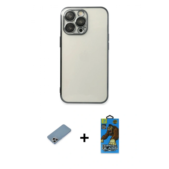 MARSİLYAN™- iPhone 13 Pro Max Kılıf Vadi Minimal - Siyah 18D Cam Ekran Koruyucu + Shine Kamera Lens Koruma Cam - GI