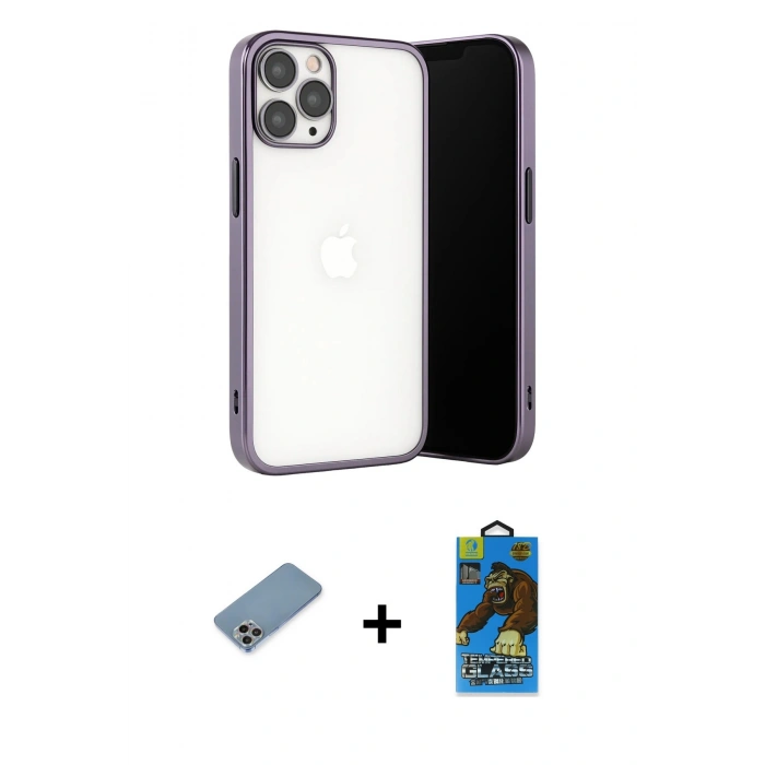 MARSİLYAN™- iPhone 13 Pro Max Kılıf Vadi Minimal - Siyah 18D Cam Ekran Koruyucu + Shine Kamera Lens Koruma Cam - GI