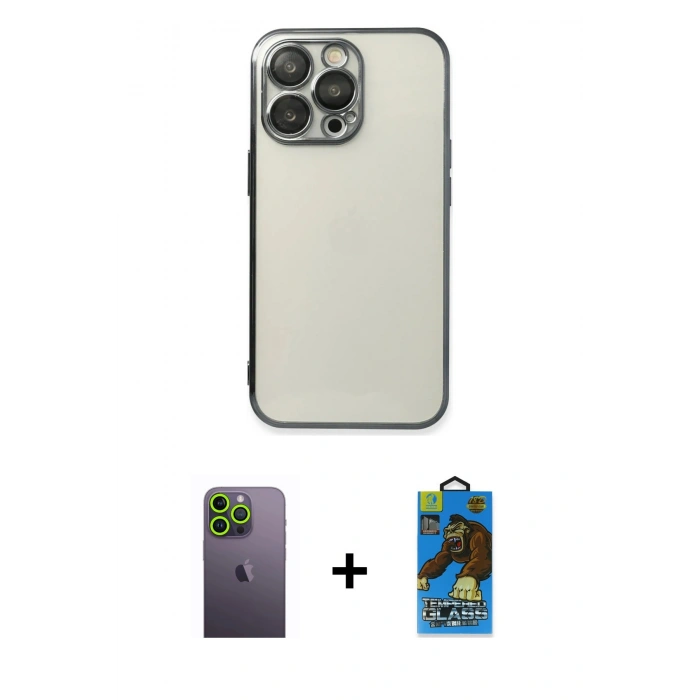 MARSİLYAN™- iPhone 13 Pro Max Kılıf Vadi Minimal - Siyah 18D Cam Ekran Koruyucu + Neon Fosforlu Kamera Lens - YL