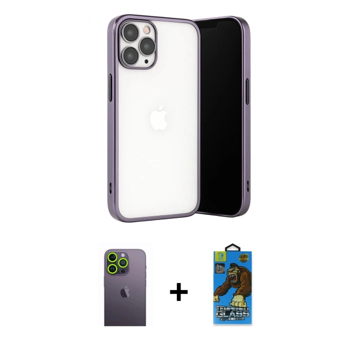 MARSİLYAN™- iPhone 13 Pro Max Kılıf Vadi Minimal - Siyah 18D Cam Ekran Koruyucu + Neon Fosforlu Kamera Lens - YL