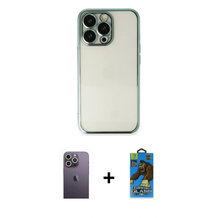 MARSİLYAN™- iPhone 13 Pro Max Kılıf Vadi Minimal - Siyah 18D Cam Ekran Koruyucu + Neon Fosforlu Kamera Lens - BZ