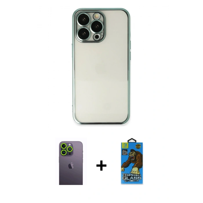 MARSİLYAN™- iPhone 13 Pro Max Kılıf Vadi Minimal - Siyah 18D Cam Ekran Koruyucu + Neon Fosforlu Kamera Lens - YL