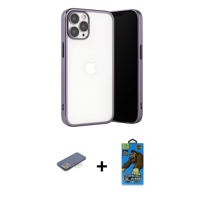 MARSİLYAN™- iPhone 13 Pro Max Kılıf Vadi Minimal - Siyah 18D Cam Ekran Koruyucu + Renkli Kamera Lens Koruma Cam - MI