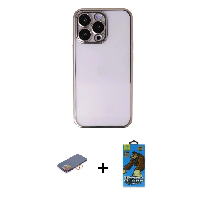 MARSİLYAN™- iPhone 13 Pro Max Kılıf Vadi Minimal - Siyah 18D Cam Ekran Koruyucu + Renkli Kamera Lens Koruma Cam - TU