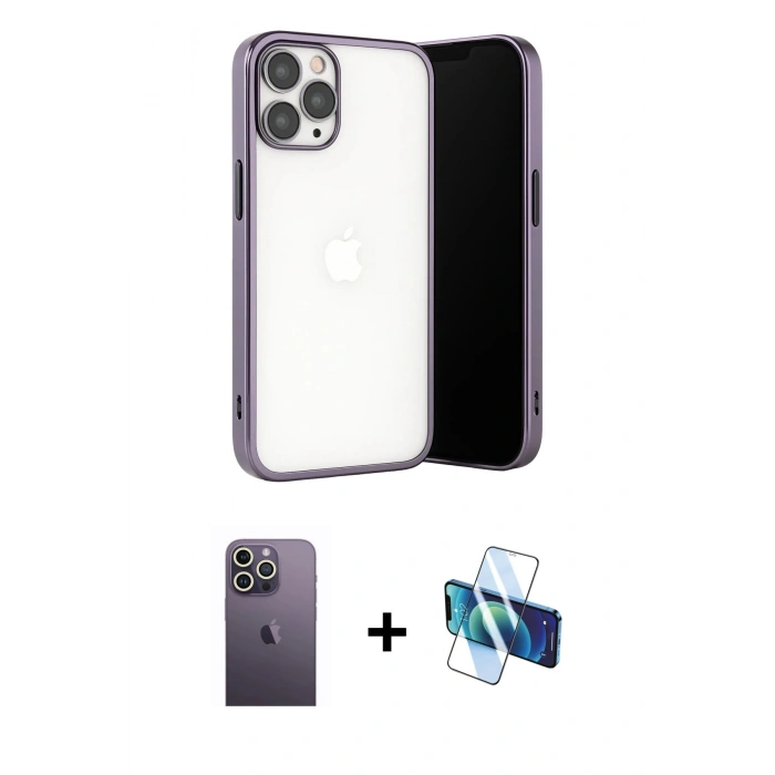 MARSİLYAN™- iPhone 13 Pro Max Kılıf Vadi Minimal - Siyah 3D Antistatik Cam Ekran Koruyucu + Neon Fosforlu Kamera Lens - BZ