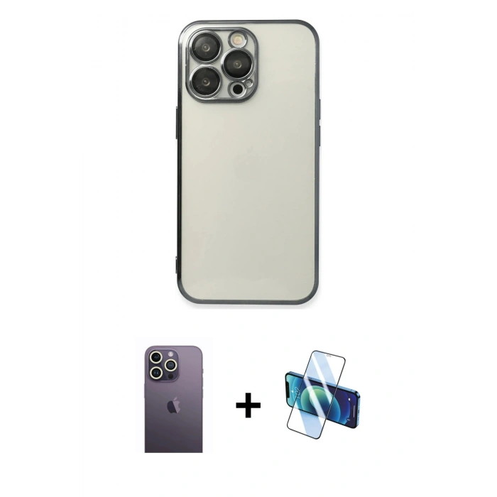 MARSİLYAN™- iPhone 13 Pro Max Kılıf Vadi Minimal - Siyah 3D Antistatik Cam Ekran Koruyucu + Neon Fosforlu Kamera Lens - BZ