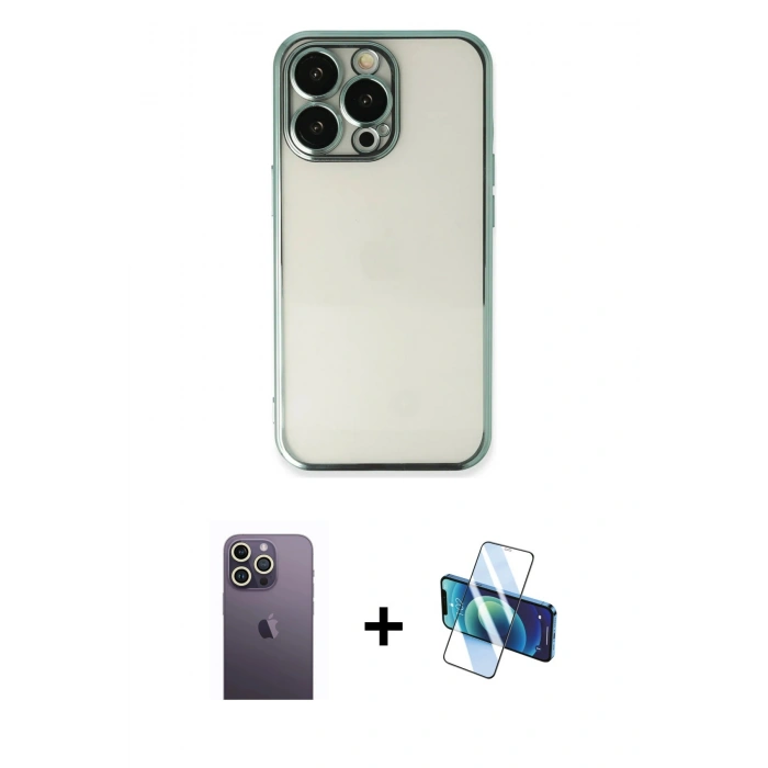 MARSİLYAN™- iPhone 13 Pro Max Kılıf Vadi Minimal - Siyah 3D Antistatik Cam Ekran Koruyucu + Neon Fosforlu Kamera Lens - BZ