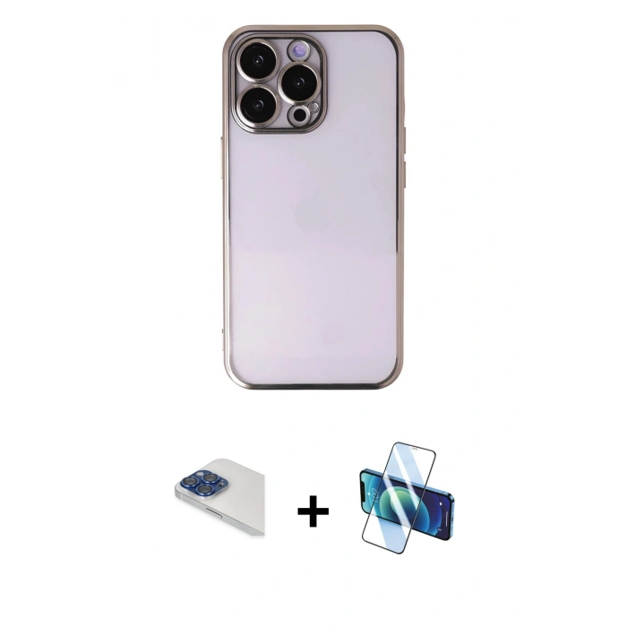 MARSİLYAN™- iPhone 13 Pro Max Kılıf Vadi Minimal - Siyah 3D Antistatik Cam Ekran Koruyucu + Pers Alüminyum Kamera Lens - LT