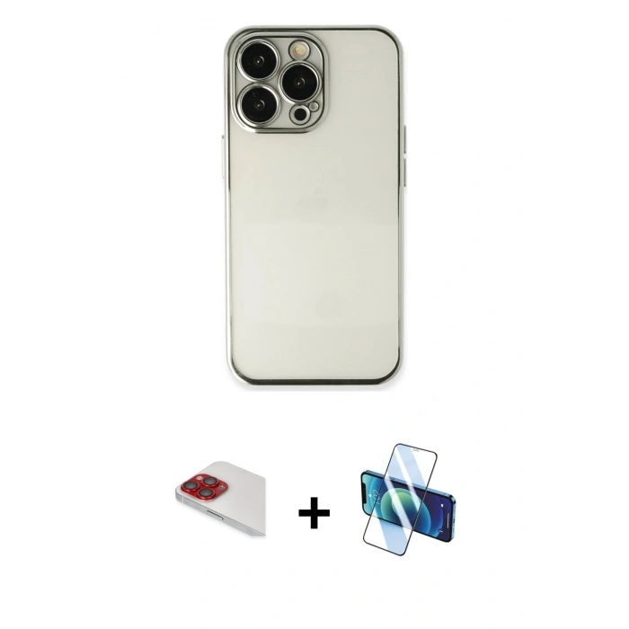 MARSİLYAN™- iPhone 13 Pro Max Kılıf Vadi Minimal - Siyah 3D Antistatik Cam Ekran Koruyucu + Pers Alüminyum Kamera Lens - KI