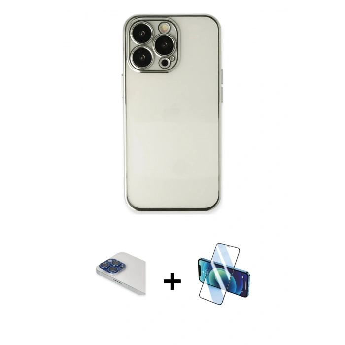 MARSİLYAN™- iPhone 13 Pro Max Kılıf Vadi Minimal - Siyah 3D Antistatik Cam Ekran Koruyucu + Pers Alüminyum Kamera Lens - LT