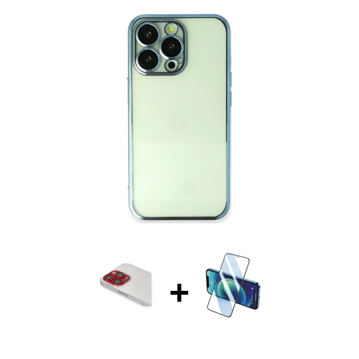 MARSİLYAN™- iPhone 13 Pro Max Kılıf Vadi Minimal - Siyah 3D Antistatik Cam Ekran Koruyucu + Pers Alüminyum Kamera Lens - KI