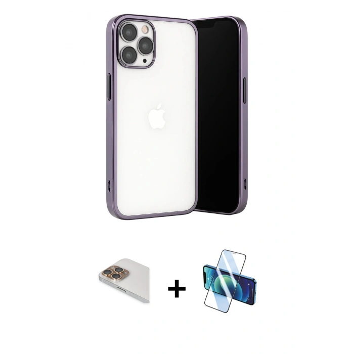 MARSİLYAN™- iPhone 13 Pro Max Kılıf Vadi Minimal - Siyah 3D Antistatik Cam Ekran Koruyucu + Pers Alüminyum Kamera Lens - GD