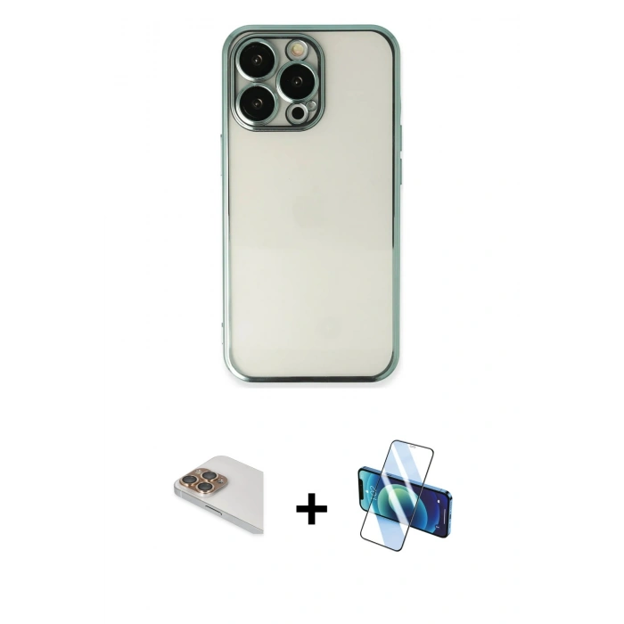 MARSİLYAN™- iPhone 13 Pro Max Kılıf Vadi Minimal - Siyah 3D Antistatik Cam Ekran Koruyucu + Pers Alüminyum Kamera Lens - GD