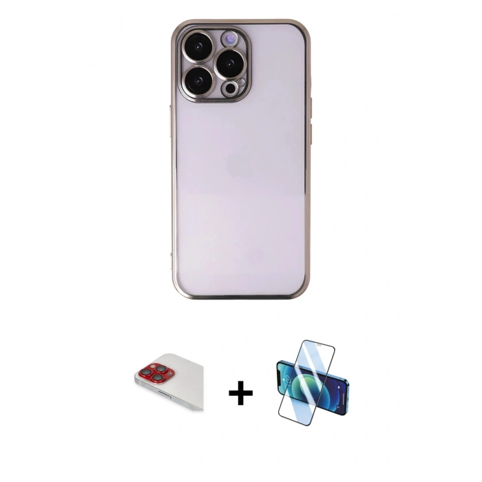 MARSİLYAN™- iPhone 13 Pro Max Kılıf Vadi Minimal - Siyah 3D Antistatik Cam Ekran Koruyucu + Pers Alüminyum Kamera Lens - KI