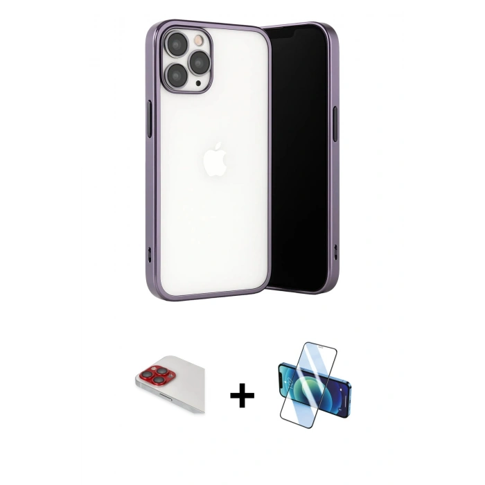 MARSİLYAN™- iPhone 13 Pro Max Kılıf Vadi Minimal - Siyah 3D Antistatik Cam Ekran Koruyucu + Pers Alüminyum Kamera Lens - KI