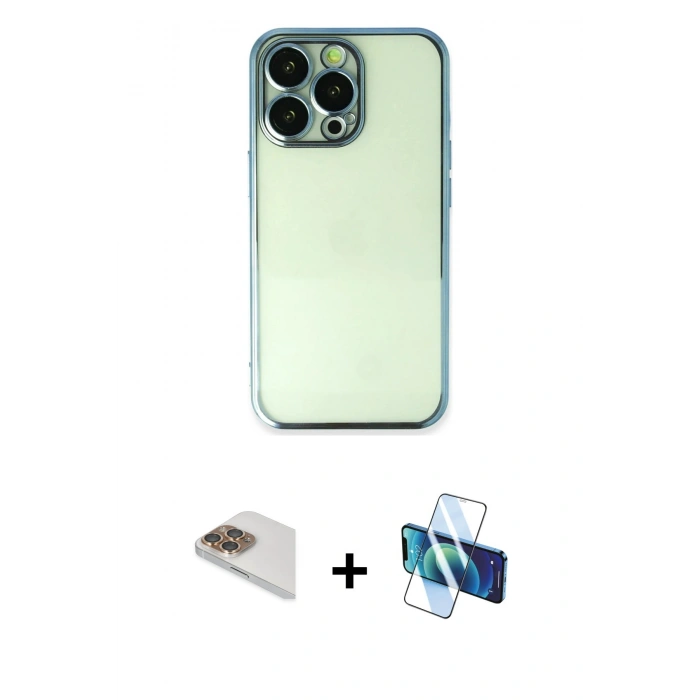 MARSİLYAN™- iPhone 13 Pro Max Kılıf Vadi Minimal - Siyah 3D Antistatik Cam Ekran Koruyucu + Pers Alüminyum Kamera Lens - GD
