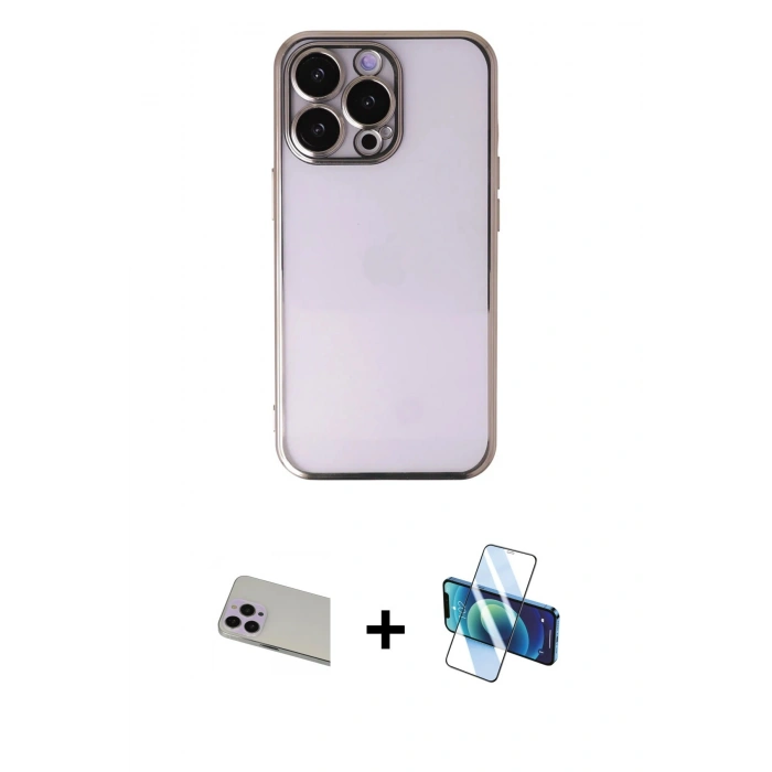 MARSİLYAN™- iPhone 13 Pro Max Kılıf Vadi Minimal - Siyah 3D Antistatik Cam Ekran Koruyucu + Rainbow Kamera Lens Koruma Cam - MR