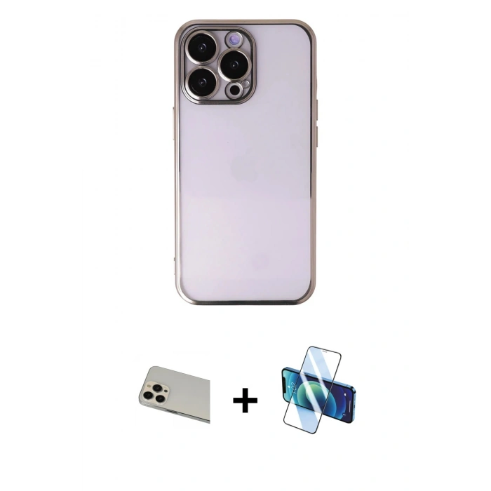 MARSİLYAN™- iPhone 13 Pro Max Kılıf Vadi Minimal - Siyah 3D Antistatik Cam Ekran Koruyucu + Rainbow Kamera Lens Koruma Cam - REGD