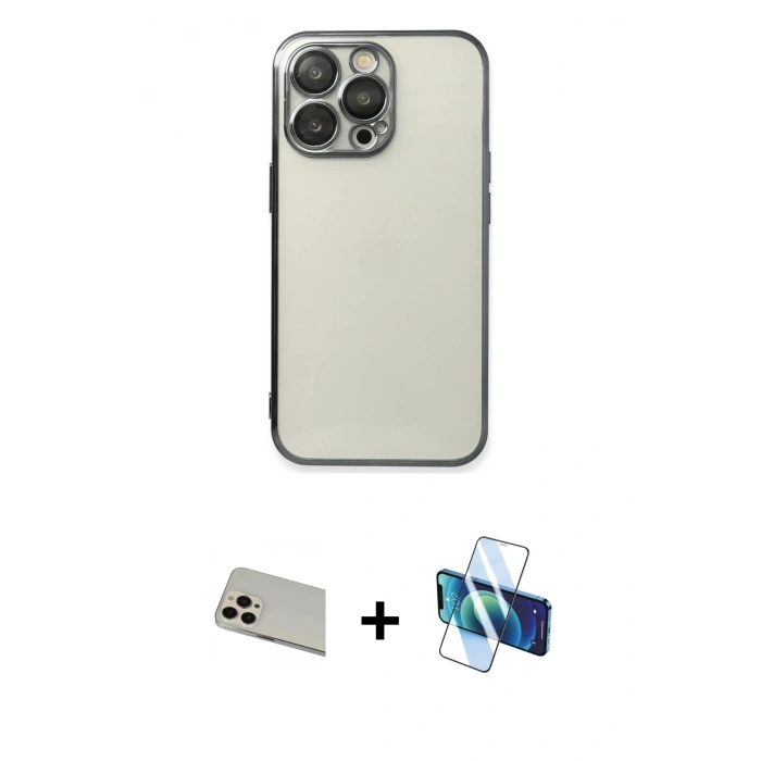 MARSİLYAN™- iPhone 13 Pro Max Kılıf Vadi Minimal - Siyah 3D Antistatik Cam Ekran Koruyucu + Rainbow Kamera Lens Koruma Cam - REGD