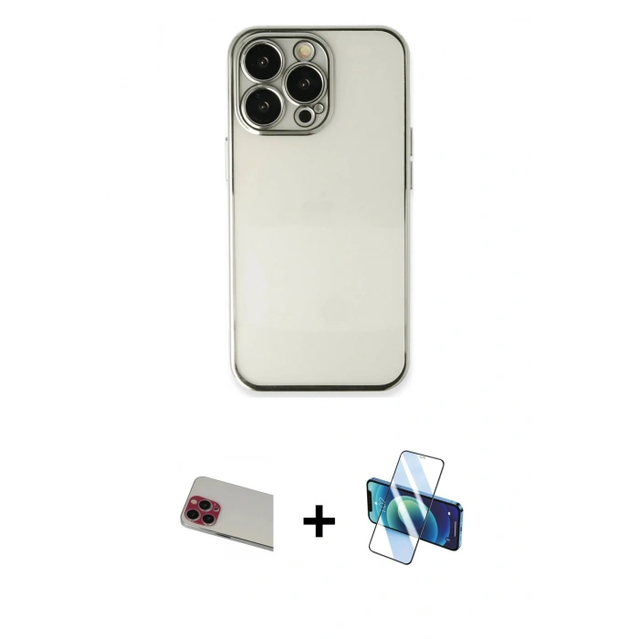 MARSİLYAN™- iPhone 13 Pro Max Kılıf Vadi Minimal - Siyah 3D Antistatik Cam Ekran Koruyucu + Rainbow Kamera Lens Koruma Cam - KI