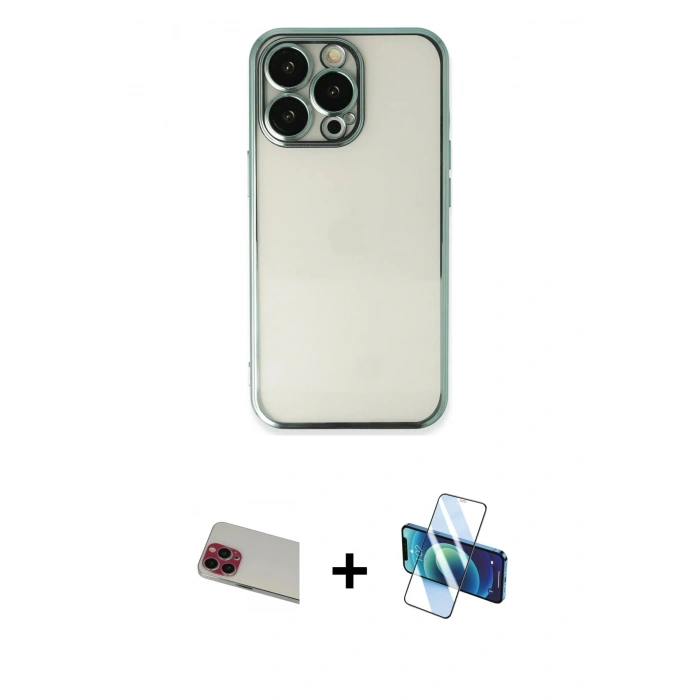 MARSİLYAN™- iPhone 13 Pro Max Kılıf Vadi Minimal - Siyah 3D Antistatik Cam Ekran Koruyucu + Rainbow Kamera Lens Koruma Cam - KI