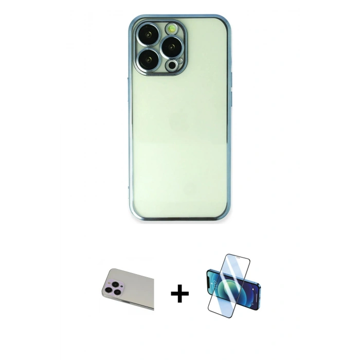 MARSİLYAN™- iPhone 13 Pro Max Kılıf Vadi Minimal - Siyah 3D Antistatik Cam Ekran Koruyucu + Rainbow Kamera Lens Koruma Cam - MR