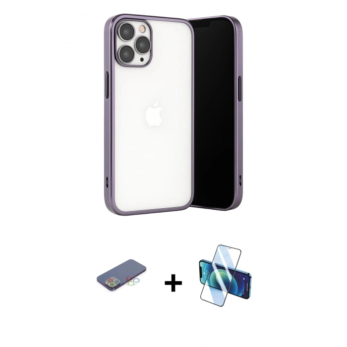 MARSİLYAN™- iPhone 13 Pro Max Kılıf Vadi Minimal - Siyah 3D Antistatik Cam Ekran Koruyucu + Renkli Kamera Lens Koruma Cam - MI