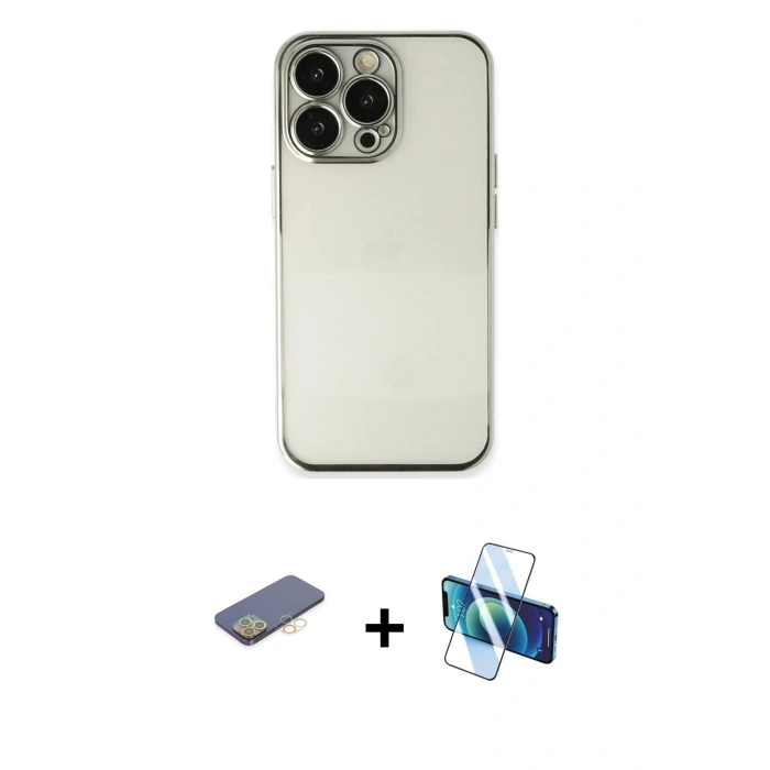 MARSİLYAN™- iPhone 13 Pro Max Kılıf Vadi Minimal - Siyah 3D Antistatik Cam Ekran Koruyucu + Renkli Kamera Lens Koruma Cam - SI