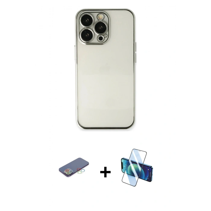MARSİLYAN™- iPhone 13 Pro Max Kılıf Vadi Minimal - Siyah 3D Antistatik Cam Ekran Koruyucu + Renkli Kamera Lens Koruma Cam - MI