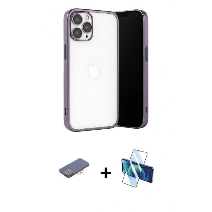 MARSİLYAN™- iPhone 13 Pro Max Kılıf Vadi Minimal - Siyah 3D Antistatik Cam Ekran Koruyucu + Renkli Kamera Lens Koruma Cam - PE