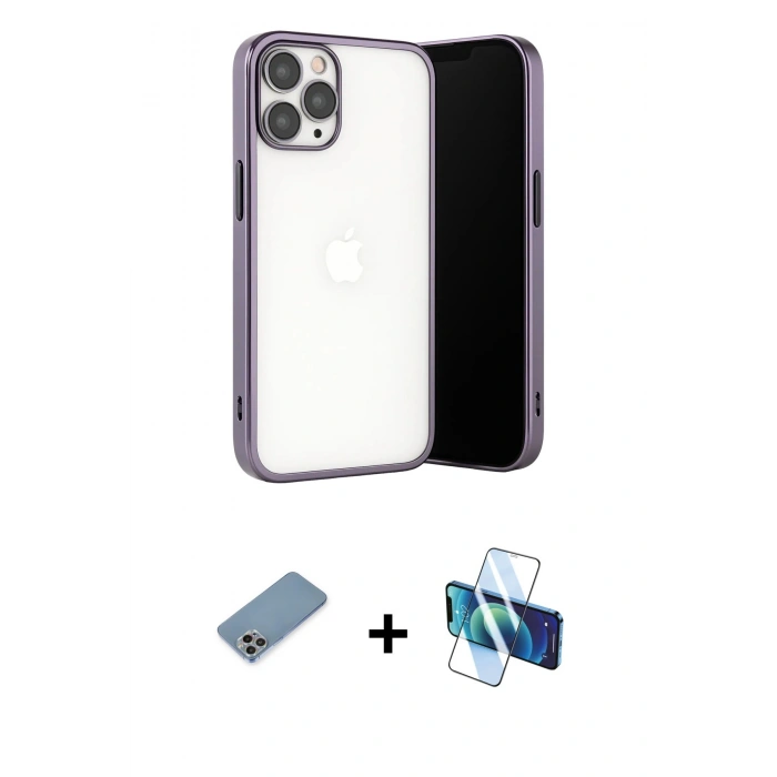 MARSİLYAN™- iPhone 13 Pro Max Kılıf Vadi Minimal - Siyah 3D Antistatik Cam Ekran Koruyucu + Shine Kamera Lens Koruma Cam - GI