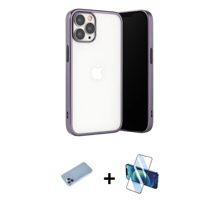 MARSİLYAN™- iPhone 13 Pro Max Kılıf Vadi Minimal - Siyah 3D Antistatik Cam Ekran Koruyucu + Shine Kamera Lens Koruma Cam - MI
