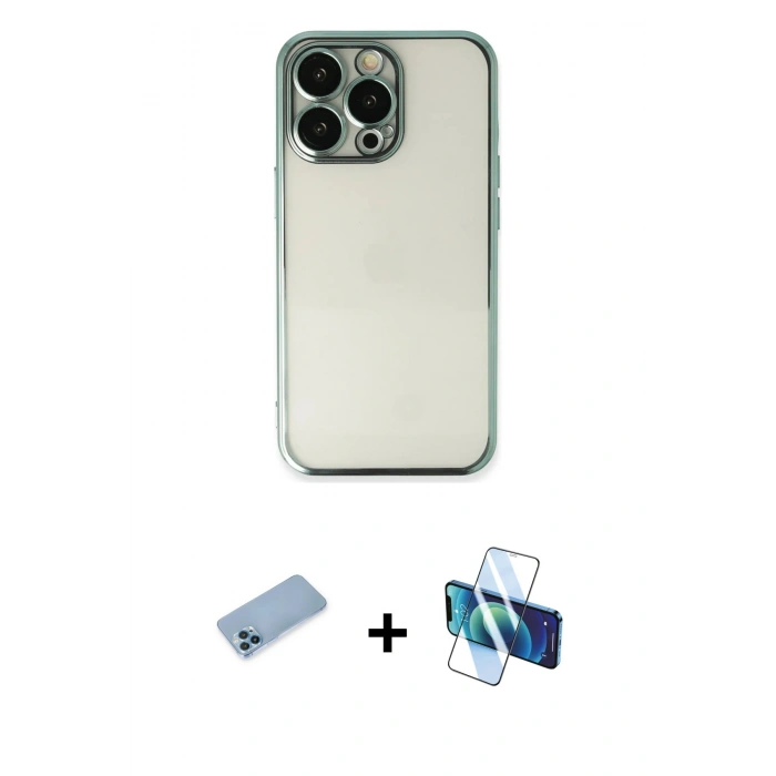 MARSİLYAN™- iPhone 13 Pro Max Kılıf Vadi Minimal - Siyah 3D Antistatik Cam Ekran Koruyucu + Shine Kamera Lens Koruma Cam - MI