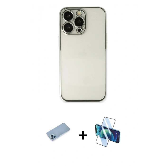 MARSİLYAN™- iPhone 13 Pro Max Kılıf Vadi Minimal - Siyah 3D Antistatik Cam Ekran Koruyucu + Shine Kamera Lens Koruma Cam - MI