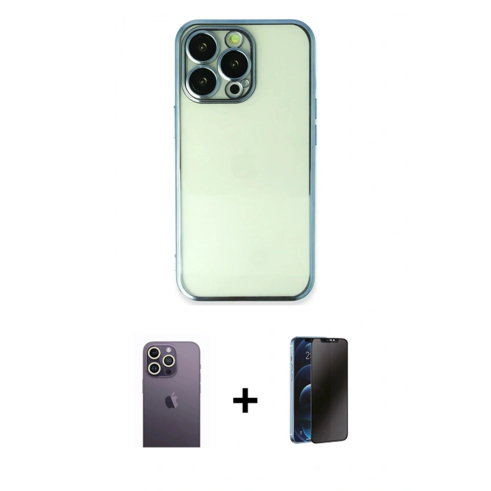 MARSİLYAN™- iPhone 13 Pro Max Kılıf Vadi Minimal - Siyah 3D Antistatik Hayalet Cam Ekran Koruyucu + Neon Fosforlu Kamera Lens - BZ