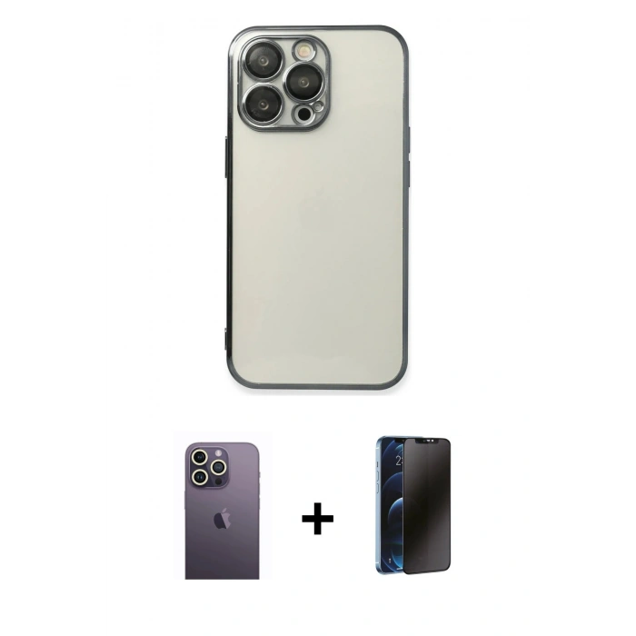 MARSİLYAN™- iPhone 13 Pro Max Kılıf Vadi Minimal - Siyah 3D Antistatik Hayalet Cam Ekran Koruyucu + Neon Fosforlu Kamera Lens - BZ
