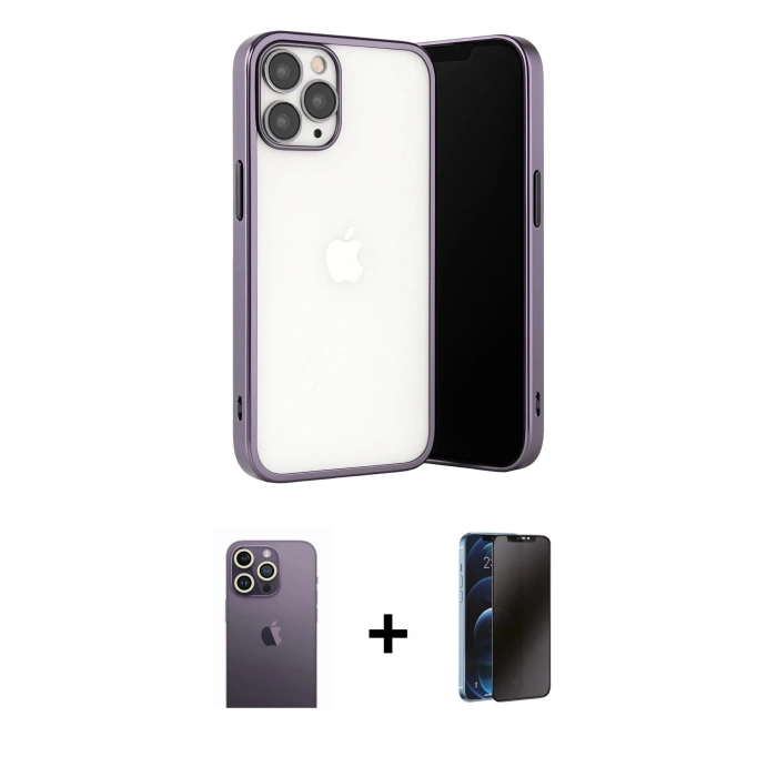 MARSİLYAN™- iPhone 13 Pro Max Kılıf Vadi Minimal - Siyah 3D Antistatik Hayalet Cam Ekran Koruyucu + Neon Fosforlu Kamera Lens - BZ