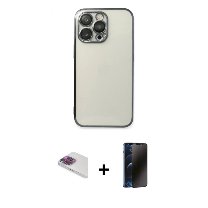 MARSİLYAN™- iPhone 13 Pro Max Kılıf Vadi Minimal - Siyah 3D Antistatik Hayalet Cam Ekran Koruyucu + Pers Alüminyum Kamera Lens - GI