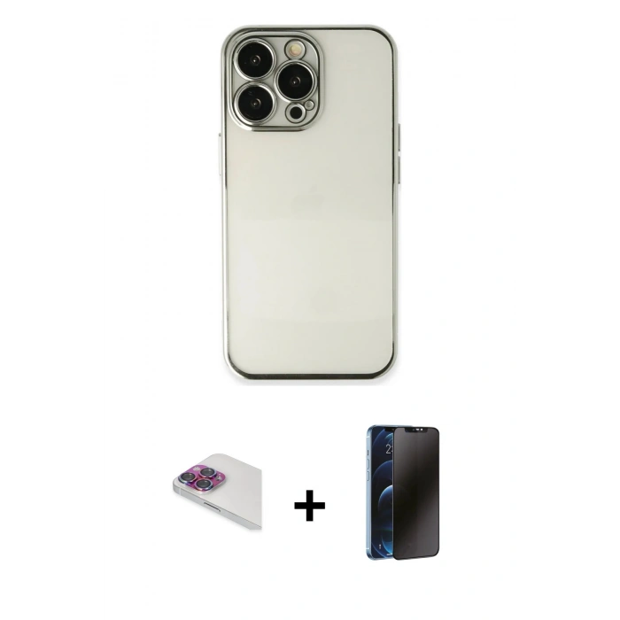 MARSİLYAN™- iPhone 13 Pro Max Kılıf Vadi Minimal - Siyah 3D Antistatik Hayalet Cam Ekran Koruyucu + Pers Alüminyum Kamera Lens - GI