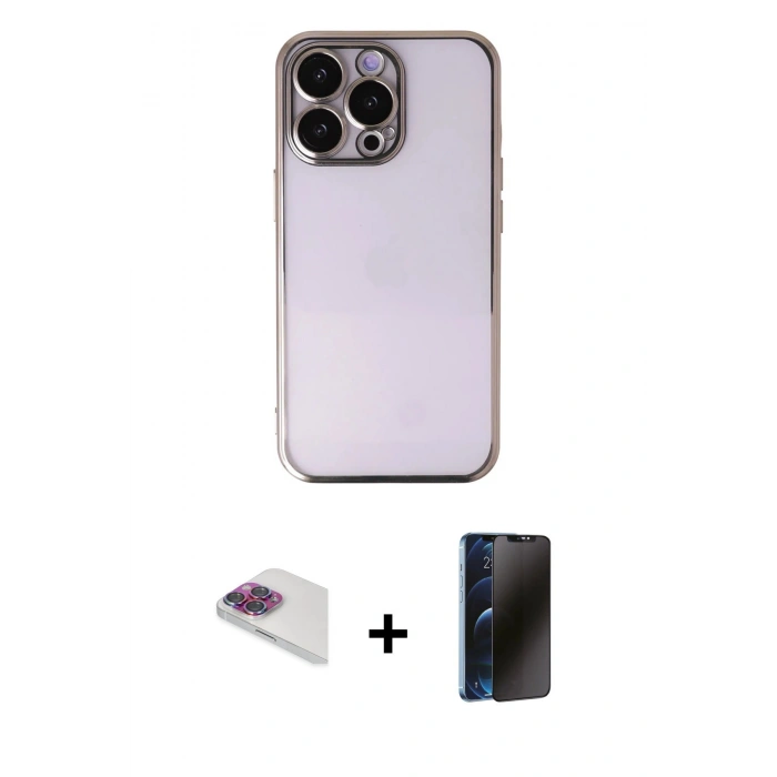 MARSİLYAN™- iPhone 13 Pro Max Kılıf Vadi Minimal - Siyah 3D Antistatik Hayalet Cam Ekran Koruyucu + Pers Alüminyum Kamera Lens - GI