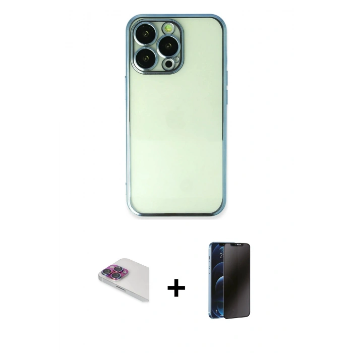 MARSİLYAN™- iPhone 13 Pro Max Kılıf Vadi Minimal - Siyah 3D Antistatik Hayalet Cam Ekran Koruyucu + Pers Alüminyum Kamera Lens - GI