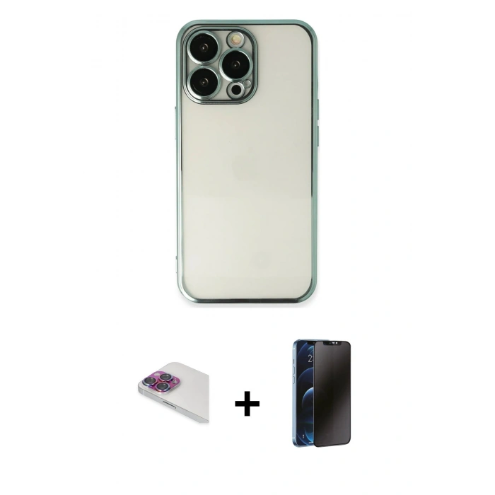 MARSİLYAN™- iPhone 13 Pro Max Kılıf Vadi Minimal - Siyah 3D Antistatik Hayalet Cam Ekran Koruyucu + Pers Alüminyum Kamera Lens - GI