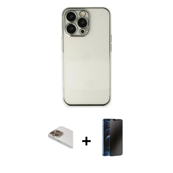 MARSİLYAN™- iPhone 13 Pro Max Kılıf Vadi Minimal - Siyah 3D Antistatik Hayalet Cam Ekran Koruyucu + Pers Alüminyum Kamera Lens - GD